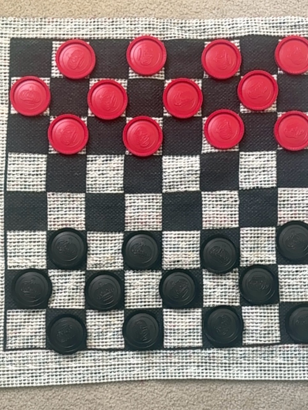 26 inch x 26 inch Rug-  Classic Checkers Game Set on  - Red and Black Pieces